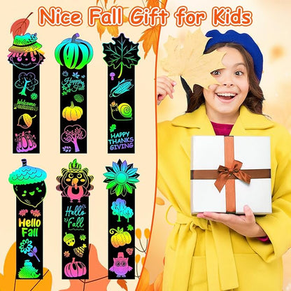 JUNEBRUSHS 30Pcs Fall Scratch Bookmarks, Rainbow Magic Scratch Paper Art Hello Fall Autumn Leaves Pumpkin Turkey DIY Crafts Kit for School Classroom Activity Thanksgiving Party Favor