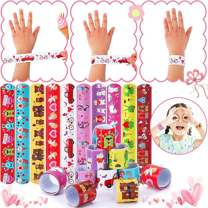 JUNEBRUSHS 56 Pack Valentines Slap Bracelets, Valentines Day Party Favors for Kids Valentines Slap Bands Wristbands Snap Bracelets Bulk for Boys Girls Birthday Gifts Party Supplies