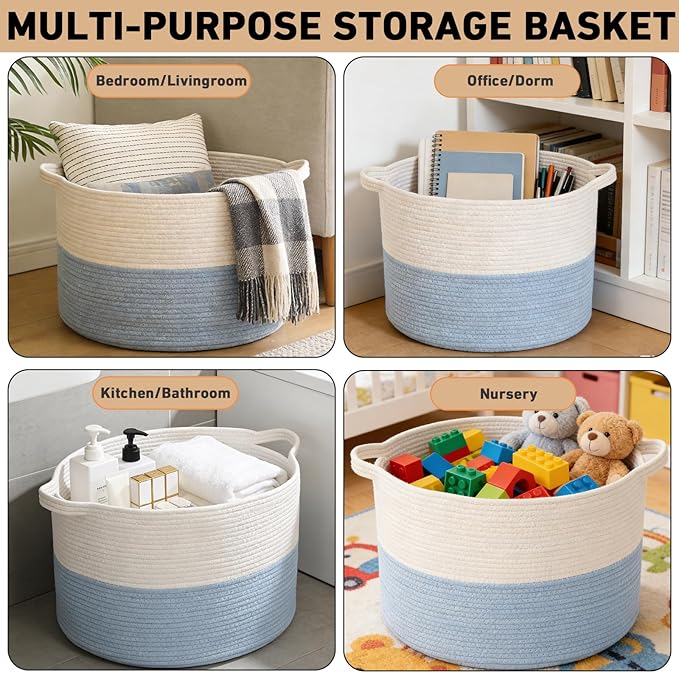 115L Extra Large Woven Cotton Rope Blanket Basket with Handles, Laundry Hamper Storage Bin for Pillows, Comforters,Clothes, Toys, Nursery, Bedroom and Living Room Organization,White&Blue