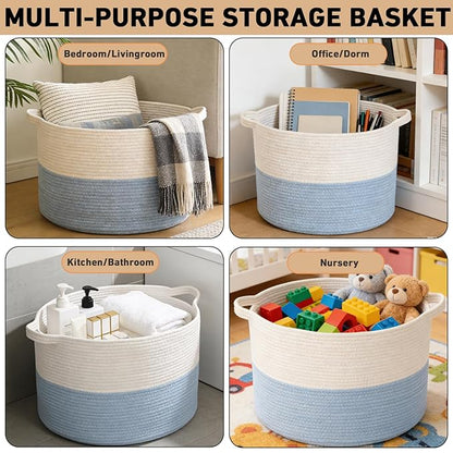 115L Extra Large Woven Cotton Rope Blanket Basket with Handles, Laundry Hamper Storage Bin for Pillows, Comforters,Clothes, Toys, Nursery, Bedroom and Living Room Organization,White&Blue