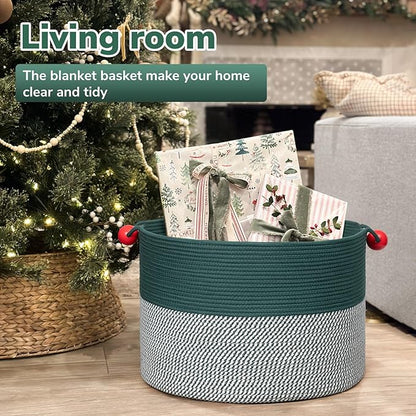 Goodpick Large Storage Basket 22" x 14", Woven Baby Storage for Blanket Living Room, Laundry Organizer for Clothes, Toys, Christmas Basket for Gifts, Green
