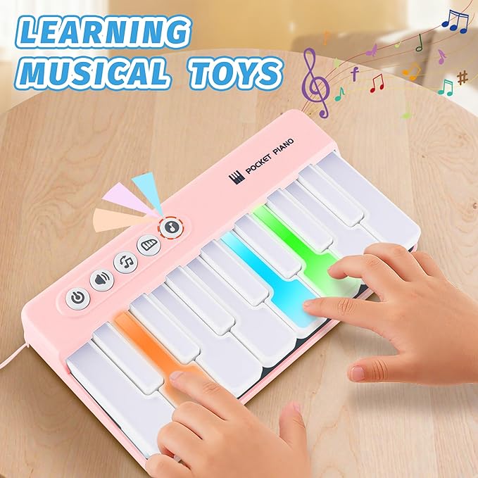 Mini Keyboard Piano Toy, Portable Light Up Pocket Piano for Toddlers Kids (Pink)