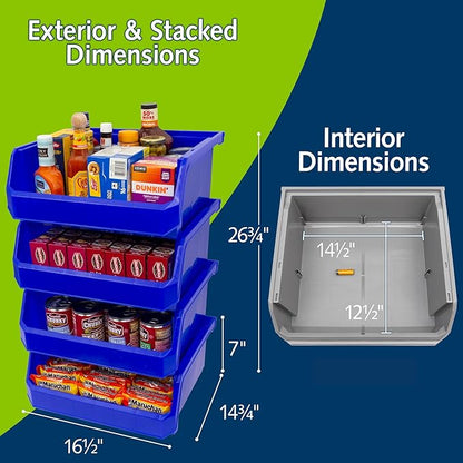 ReadySpace Plastic Containers for Organizing and Storage Bins for Closet, Kitchen, Office, Garage or Pantry Organization, Stackable Bins, Extra Large (14.8" x 16.5" x 7"), 4-Pack, Blue