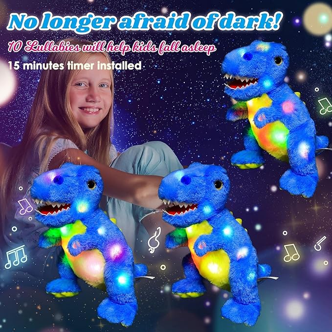 Cuteoy Light-up Singing Plush Blue Dinosaur LED Musical Stuffed Animal T-Rex Adjustable Volume Lullaby Plushies Birthday Christmas Toy Gifts for Kids Toddler Girls, 12"