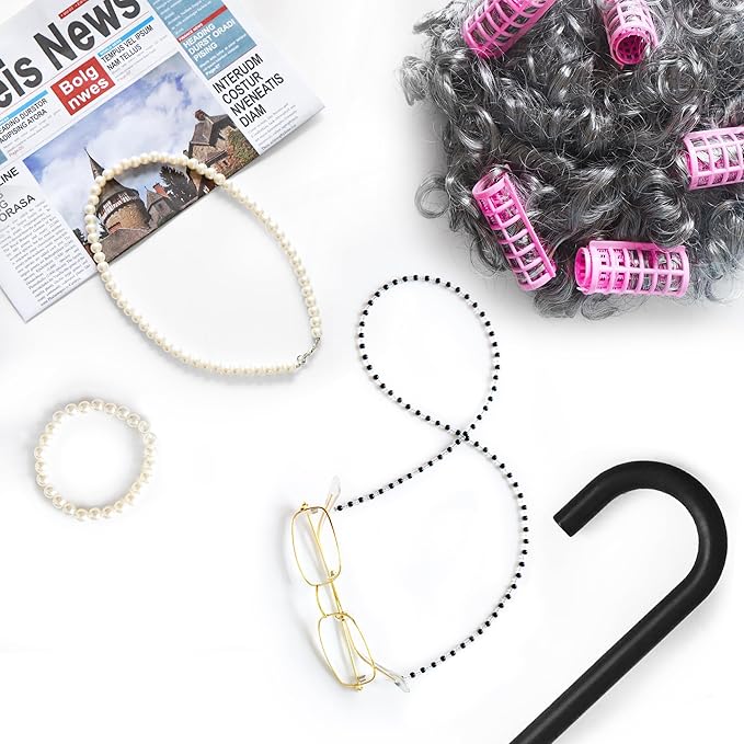 11Pcs 100 Days of School Old Lady Costume for Kids, elderly outfit for Girls, Wig Cane Cosplay Accessories Blue, S