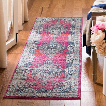 SAFAVIEH Evoke Collection 2'2" x 7' Fuchsia / Navy EVK250R Oriental Medallion Distressed Non-Shedding Living Room Entryway Foyer Hallway Bedroom Runner Rug