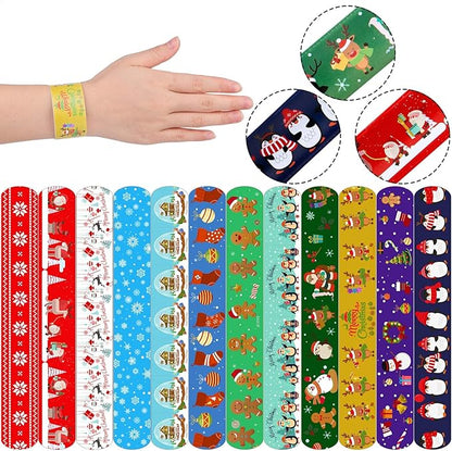 Elcoho 72 Pieces Christmas Snap Bracelets Xmas Party Favors Slap Bracelets Assorted Christmas Pattern Slap Wristband for Christmas Party Favors