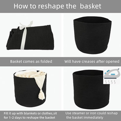 XUANGUO Cotton Rope Basket For Girls Boys Kids 16”X14” Baby Laundry Basket Nursery Bin Round Woven Baskets Organizer For Storage Toys Blankets Shoes Clothes black
