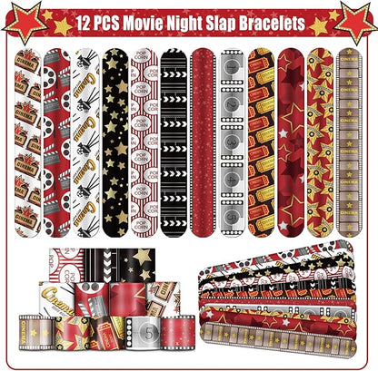 Movie Night Party Favors 72 PCS Movie Theater Slap Bracelets Temporary Tattoos DIY Stickers Keychains Plastic Straws Gift Bags for Kids Movie Night Carzy Birthday Party Gift Baby Shower Goodie Bag Fillers Movie Party Supplies