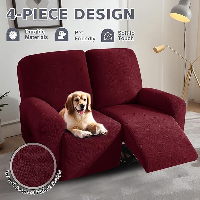 JIVINER Loveseat Recliner Covers, Jacquard 4 Piece Recliner Sofa Cover with Pockets Washable Lazy Boy Reclining Couch Protector with Elastic Bottom (Recliner Loveseat, Wine Red)