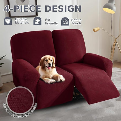 JIVINER Loveseat Recliner Covers, Jacquard 4 Piece Recliner Sofa Cover with Pockets Washable Lazy Boy Reclining Couch Protector with Elastic Bottom (Recliner Loveseat, Wine Red)