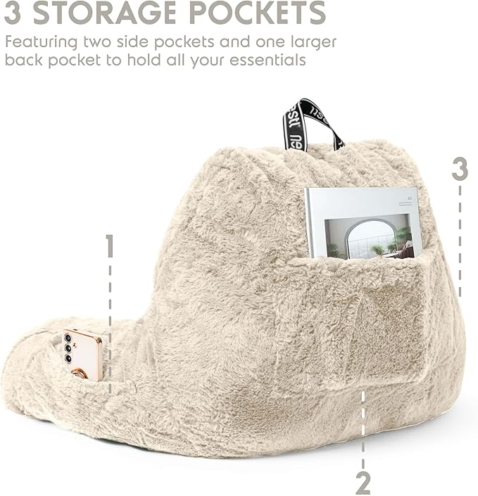 Nestl Fur Reading Pillow, Stylish Back Pillow for Bed Sitting Up, Faux Fur Bed Chair Pillow with Arms, Reading Pillows for Sitting in Bed Adult & Kids, Sit Up Back Support Pillow for Bed Rest - Linen