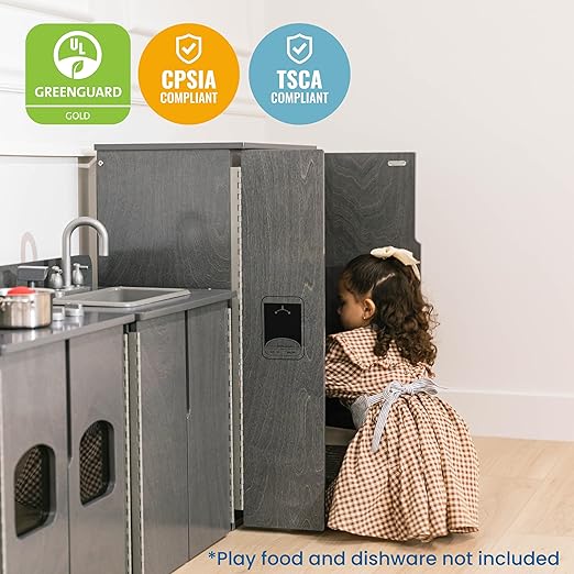 ECR4Kids Play Kitchen Refrigerator, Wooden Playset, Grey Wash