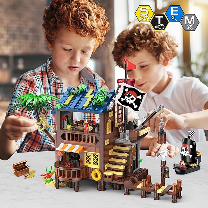 3 Style Pirate Ship Wharf Building Toy with LED Light - 781PCS Medieval Pirate's House Building Block Set, Architecture Bricks Kit for Kids Girls Boys Ages 6-12+ Birthday Gifts