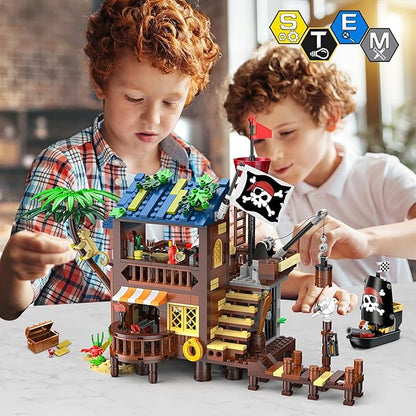 3 Style Pirate Ship Wharf Building Toy with LED Light - 781PCS Medieval Pirate's House Building Block Set, Architecture Bricks Kit for Kids Girls Boys Ages 6-12+ Birthday Gifts