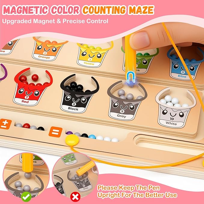 2 IN 1 Magnetic Color and Number Maze, Montessori Toys with Drawing Board for 3 4 5 Year Old, Wooden Magnet Balls Puzzles, Learning Educational Toys for Kids Toddlers Boys Girls Christmas Birthday