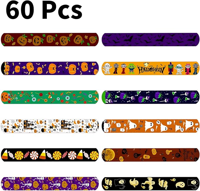 Elcoho 60 Pieces Halloween Designs Snap Bracelets Craft Halloween Party Slap Bracelets Wristbands Toys for Halloween Party Favors
