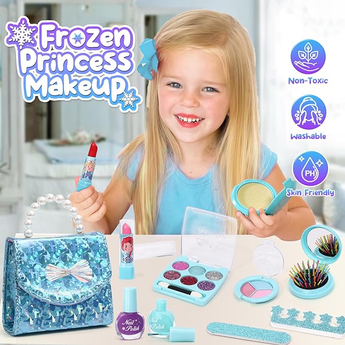 Golray Frozen Toys for Girl Gift Kids Makeup Kit & Elsa Princess Dress Up Set, Purse & Cape & Real Make up & Nail Polish & Wand, Birthday Gift Toys for Little Girls Toddlers Age 3 4 5 6 7 8 Year Old