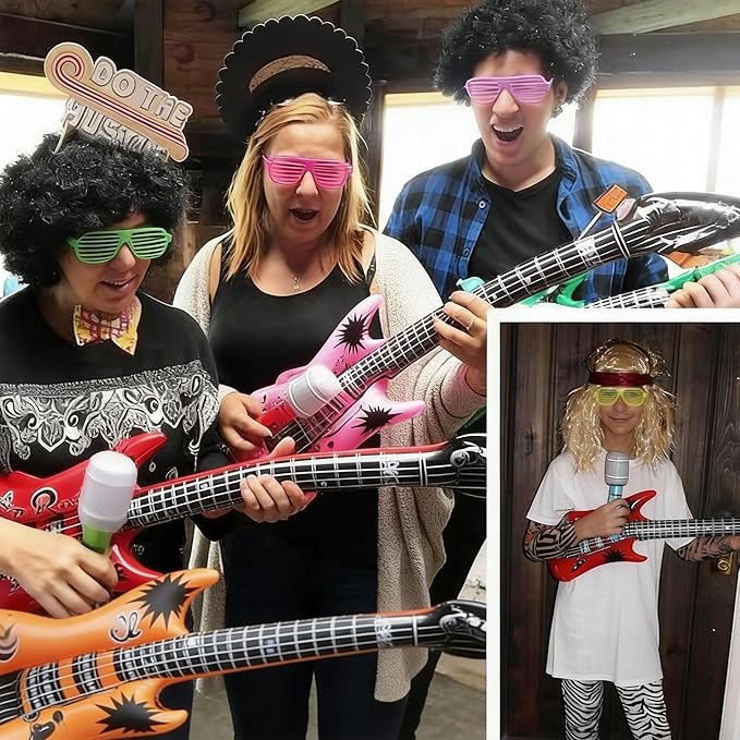 OuMuaMua Inflatable Rock Star Toy Set, 18 Pack Inflatable Party Props - 4 Inflatable Guitar, 6 Microphones, 6 Shutter Shading Glasses, 1 Saxophone and 1 Inflatable Keyboard Piano Inflatable Rock Toys