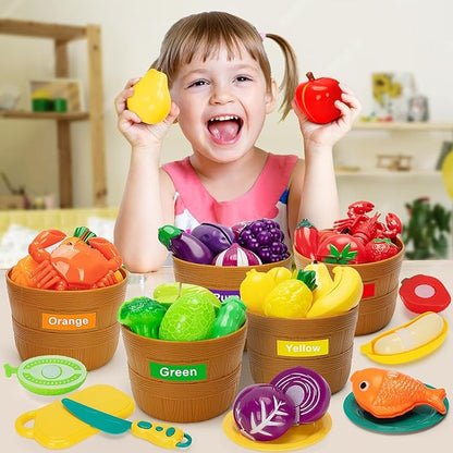 Play Food Set for Kids Kitchen- 68 Pcs Kitchen Food Toy for Toddlers, Cutting & Color Sorting Fake Food/ Fruit/ Vegetable Accessories, Birthday Gifts for 2 3 4 5 Years Old Boys Girls