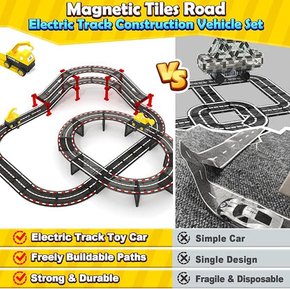Magnetic Tiles Road Race Track with Engineering Car, Magnetic Building Blocks for Toddler Kids Toys, Educational Construction Toys Gift for 3+ Year Old Boys and Girls