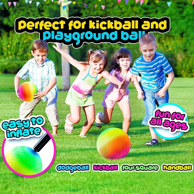PlayBolt Rainbow Playground Balls - 8.5 Inch (Pack of 4) Rubber Bouncy Colorful Inflatable Balls for Kids and Adults, Indoor & Outdoor Games, Kickball, Dodgeball, Four Square, Dodge, Recess, Handball