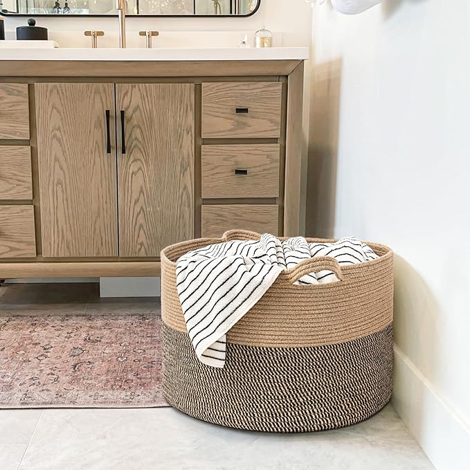 Goodpick Extra Large Wicker Storage Basket, 83L Woven Blanket Storage for Living Room, Round Baby Basket for Clothes, Big Laundry Hamper for Pillow, 21.7 x 13.8 inches