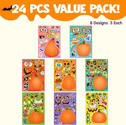 JOYIN 24 Pcs Halloween Pumpkin Decorating Stickers, Party Favor for Kids, Halloween Art Crafts Party Supplies, Pumpkin Face Sticker with 8 Designs, Halloween Treats Classroom Activities Games