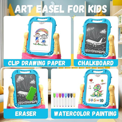Art Easel for Kids with Magnetic Drawing Board, Double Sided Easel with Magnetic Letters & Numbers Easel, Adjustable Standing Easel for Toddler, Creative Play for Kids