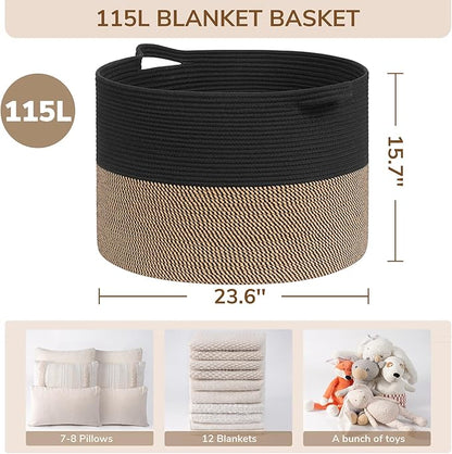 INDRESSME 115L Extra Large Storage Baskets for Organizing, Blanket Basket Living Room Dog Toy Bin, Wicker Storage Woven Laundry Basket for Pillows, Towel Shoes Entryway, Mix Black