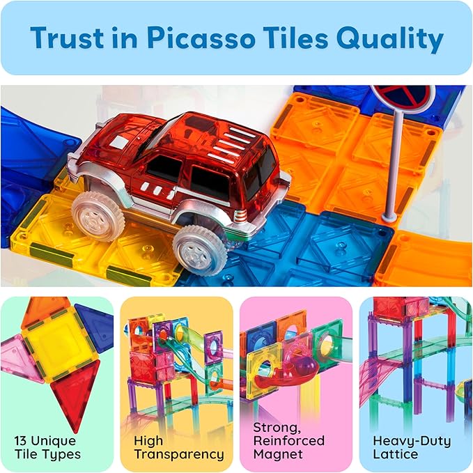 PicassoTiles 108pc 3-in-1 Marble Run Car Race Track Combo Magnetic Tiles PicassoToys Magnet Building Block Educational Construction Toy Playset STEM STEAM Learning Kit Child Brain Development PTG108