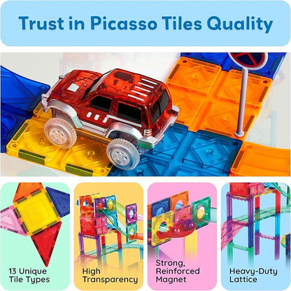 PicassoTiles 108pc 3-in-1 Marble Run Car Race Track Combo Magnetic Tiles PicassoToys Magnet Building Block Educational Construction Toy Playset STEM STEAM Learning Kit Child Brain Development PTG108