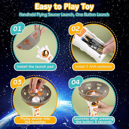 Outdoor Toys for Kids Ages 4-8 - Flying Disc Launcher Toy, Music Astronaut Flying Helicopter Toys with Sounds, 2&1 Flying Saucer Mode and Spinning Top Mode Flying Toys, Birthday Gift for 3-8 Year Old