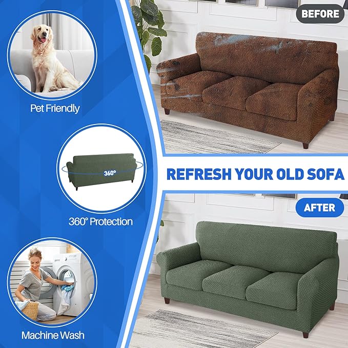 MAXIJIN 4 Piece Couch Covers for 3 Cushion Couch Super Stretch Non Slip Couch Cover for Dogs Pet Friendly Elastic Jacquard Furniture Protector Sofa Slipcovers (Sofa, Army Green)