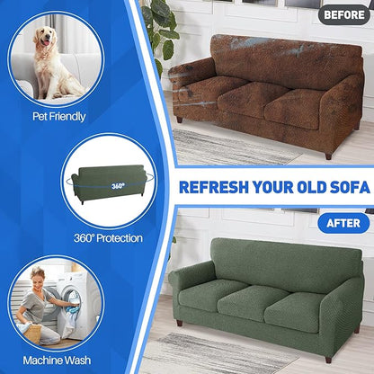 MAXIJIN 4 Piece Couch Covers for 3 Cushion Couch Super Stretch Non Slip Couch Cover for Dogs Pet Friendly Elastic Jacquard Furniture Protector Sofa Slipcovers (Sofa, Army Green)