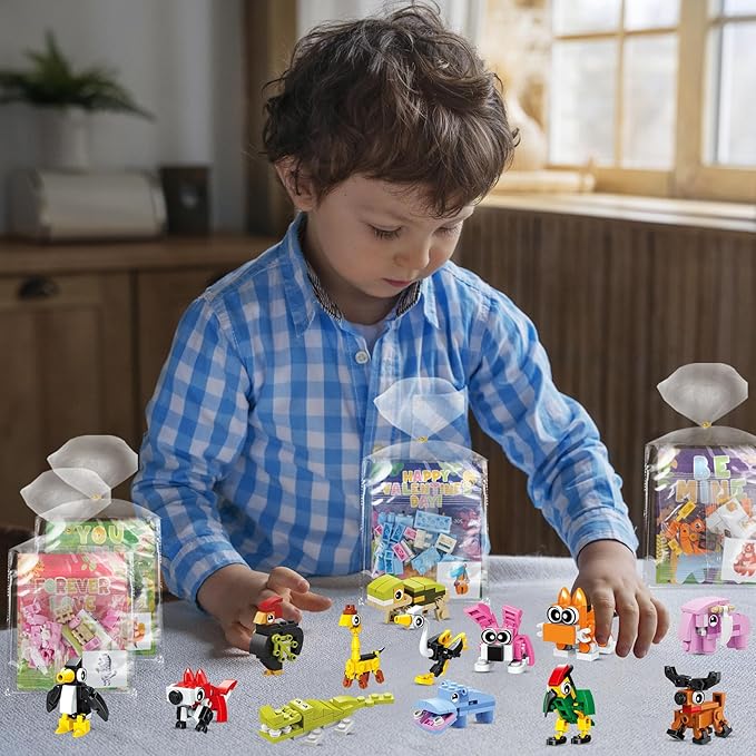 Erweicet Valentines Day Gifts for Kids 24 PCS Animals Building Blocks with Valentines Gift Cards for Kids Boys Girls Classroom Gift Exchange