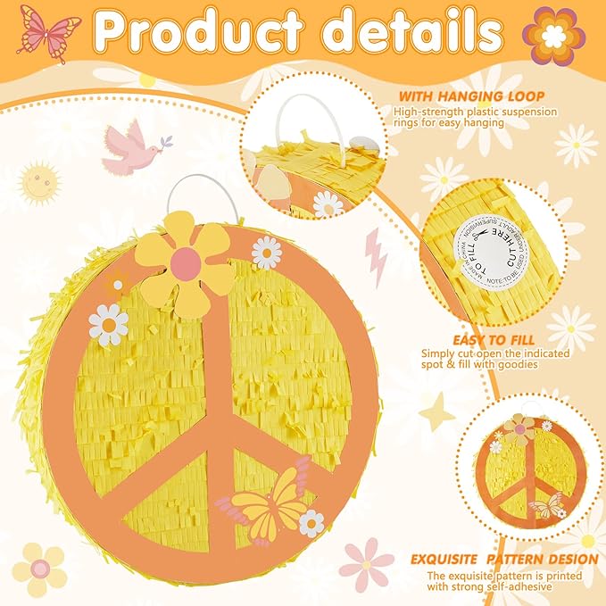 12.9 Inch Groovy Retro Hippie Boho Pinata Hippie Boho Party Favors Peace Sign Two Groovy Pinata 60's 70's Hippie Party Pinata for Hippie Boho Groovy Flower Birthday Baby Shower Wedding