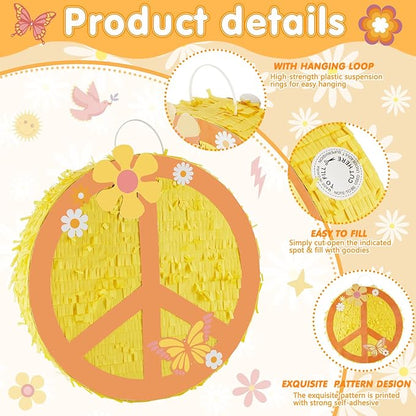 12.9 Inch Groovy Retro Hippie Boho Pinata Hippie Boho Party Favors Peace Sign Two Groovy Pinata 60's 70's Hippie Party Pinata for Hippie Boho Groovy Flower Birthday Baby Shower Wedding