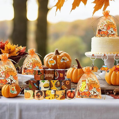 110 PCS Thanksgiving Party Favors Autumn Party Supplies with Key Chains Button Pins Stickers Rubber Bracelets for Fall Party Favors Decorations Classroom Prizes