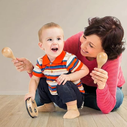 Stoie's Wooden Toddler Musical Instruments with Drum, Hand Bells, Flute, Maracas, Castanet, Tamburine, for Babies and Kids, Eco Friendly Montessori Educational Toy