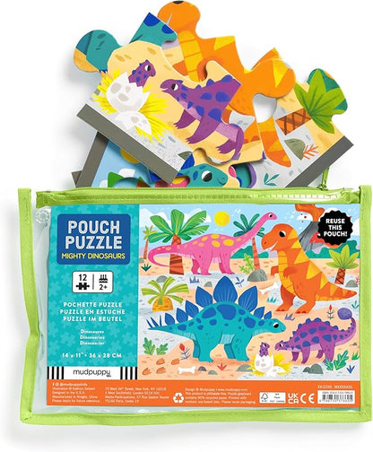 Mudpuppy Mighty Dinosaurs – 12 Piece Puzzle with Reusable Zipper Pouch Featuring Colorful and Fun Illustrations of Prehistoric Dinosaurs Perfect for Easy Storage and Travel