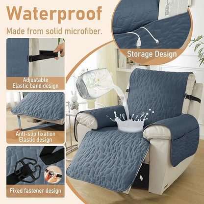100% Waterproof Recliner Chair Covers for Reclining Chair, Small Recliner Covers That Stay in Place, Non-Slip Recliner Armchair Cover with Pockets for Kids, Pets, Dogs, Cat, Washable,Gray blue