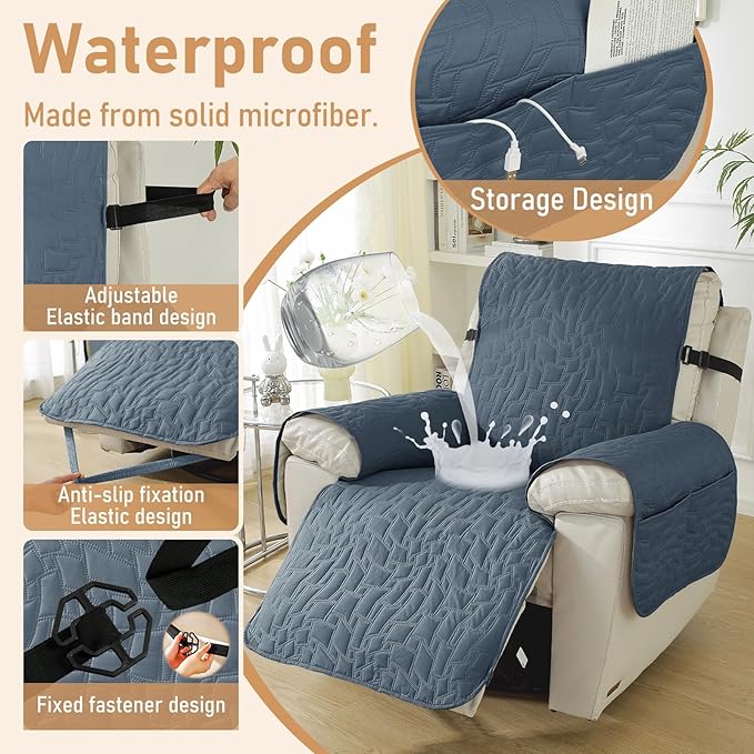 100% Waterproof Recliner Chair Covers for Reclining Chair, Small Recliner Covers That Stay in Place, Non-Slip Recliner Armchair Cover with Pockets for Kids, Pets, Dogs, Cat, Washable,Gray blue