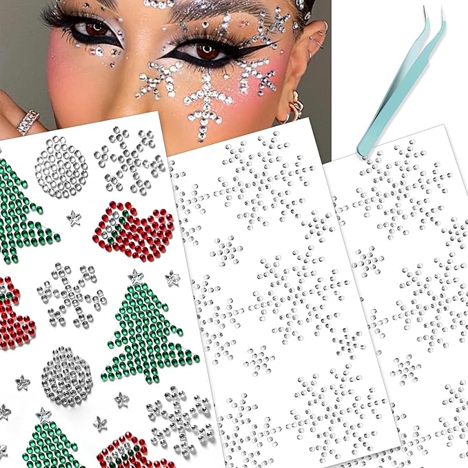 NOOEPC Christmas Face Gems Rave Accessories, Christmas Makeup Snowflake Self-Adhesive Face Jewels Eye Jewels Festival Essentials Rhinestone Stickers, Eye, Makeup for Kids,Women