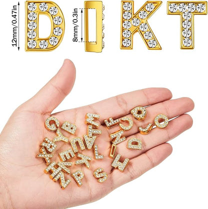 104 Pieces 8 mm Full Rhinestones Slide Alphabet Letters A-Z DIY Letters Charm for Wristbands Bracelets Necklace Choker Jewelry Making Charms Supplies, Gold