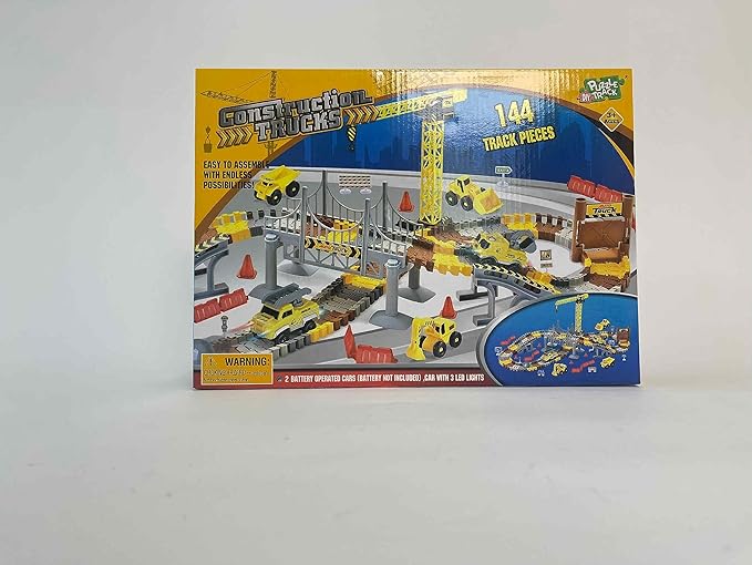 Construction Race Tracks Set, Flexible Train Tracks w/ 2 Electric Construction Race Vehicles w/Lights, STEM Engineering Race Track Toys with Dump Truck, Crane Assort Acessories for Boys Girls