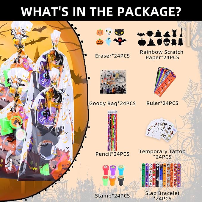 192 Pcs 24 Pack Assorted Halloween Stationery, Party Favors for Kids, Goodie Bags Stuffers Set Including Pencils, Rulers, Stamps and Erasers in Trick or Treat Bags