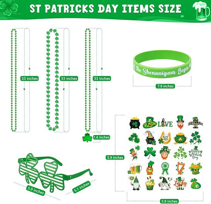 140PCS St Patricks Day Accessories, St. Patrick's Day Glasses Bracelets Tattoos Beads, Irish Glasses Bracelets Tattoos Beads Stuff Bulk, Shamrock Saint Patricks Parade Throw Party Favor Decorations