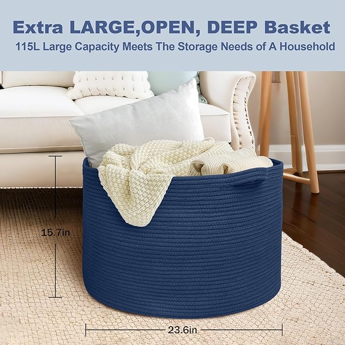 MEGASKET 115L Dark Blue Basket for Organizing, 23.6" x 15.7" XXXL Woven Cotton Rope Laundry Basket, Oversized Blanket Storage for Living Room Bedroom, Kids Toy Box Organizer, Pool Towel Storage Bin