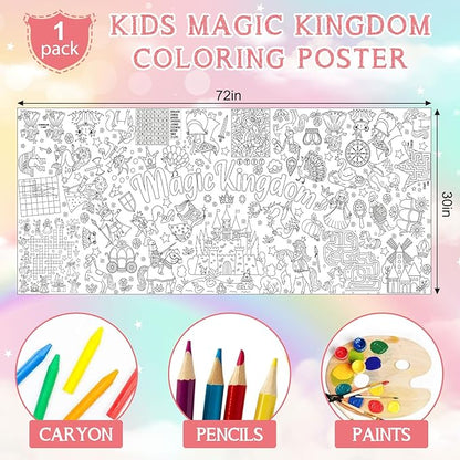 Magic Kingdom Giant Coloring Poster for Kids 30 x 72 Inch, Princess Large Coloring Poster Tablecloth, Fairy Themed Color-in Activities Games for Kids School Classroom Home Party Supplies Decorations